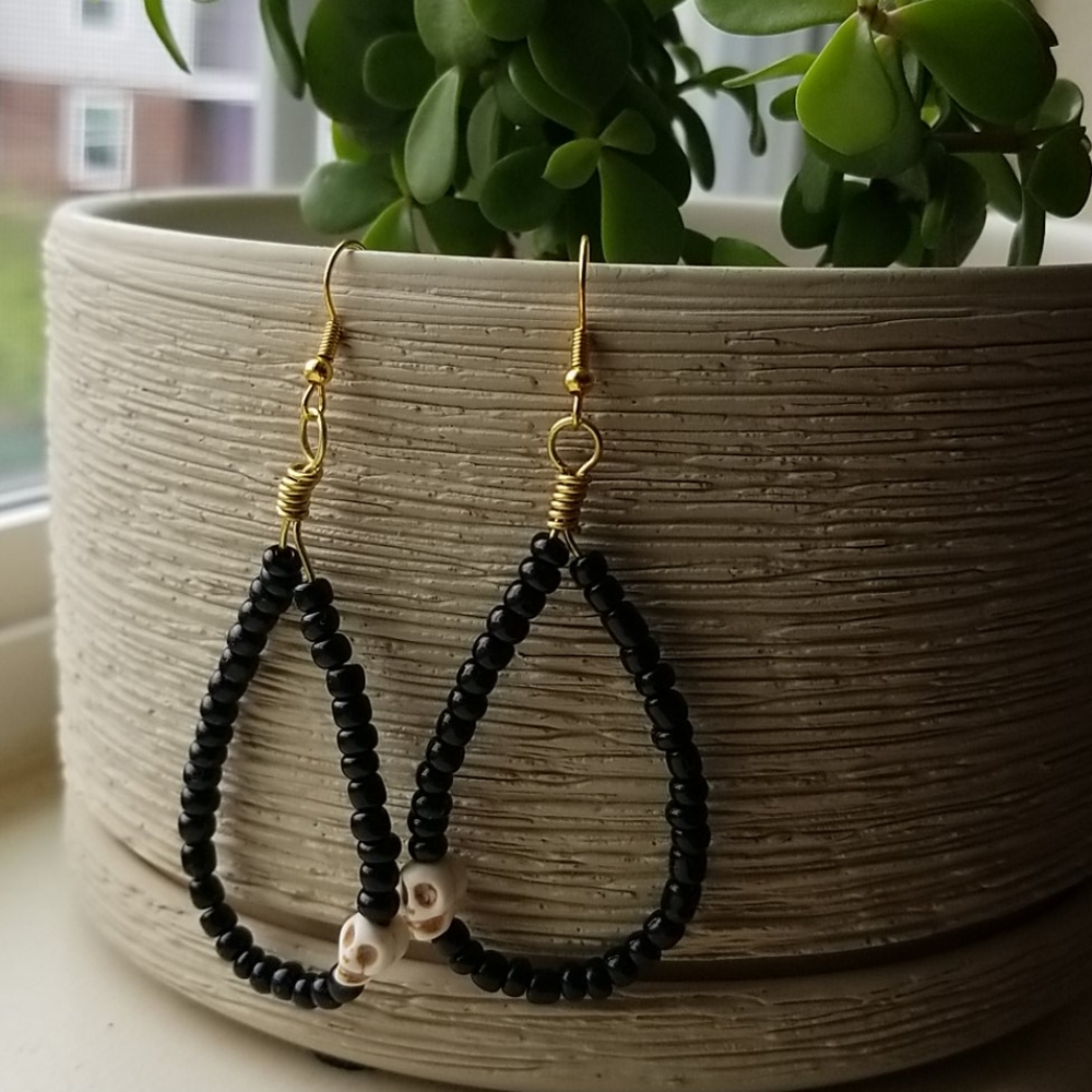 Black beaded skull earrings handmade